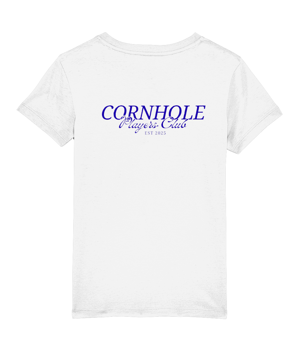 Youths Unisex Premium White T-Shirt Cornhole Apparel- CPC Classic (Logo Blue) Back Side