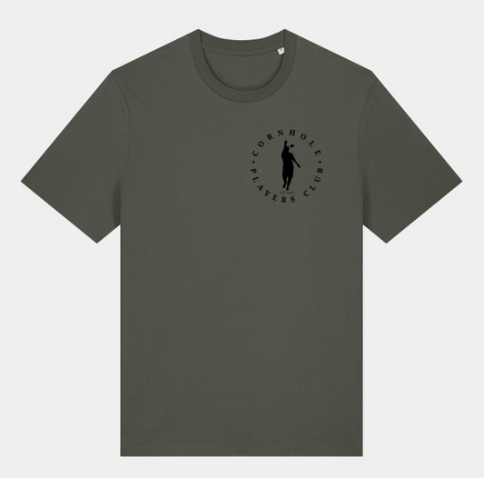 Mens Unisex Premium Khaki T-Shirt Cornhole Apparel - CPC Full Circle (Logo Black) - Cornhole Players Club