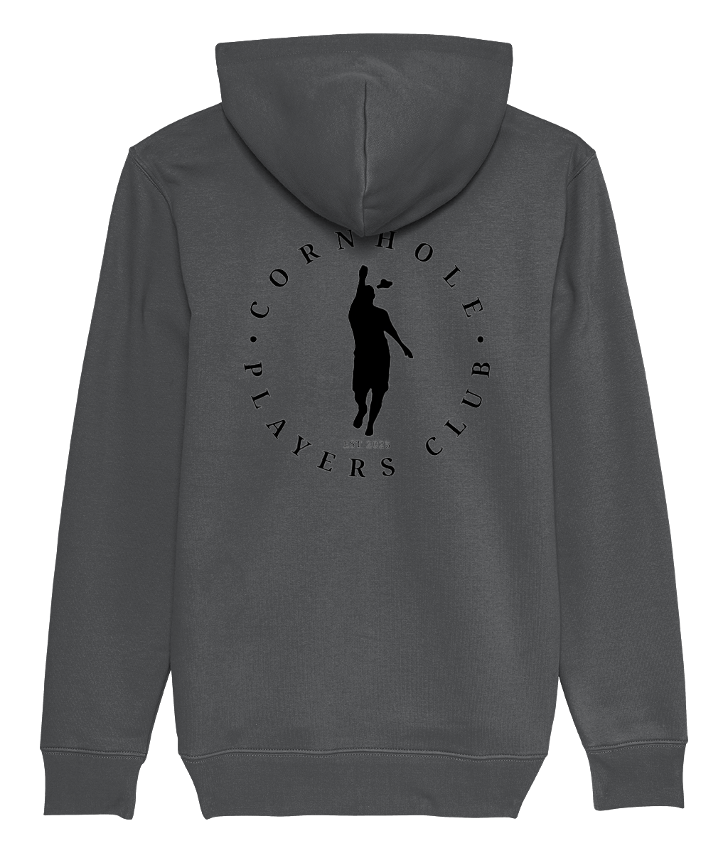 Mens Unisex Premium Anthracite Hoodie Cornhole Apparel - CPC Full Circle (Logo Black) Back Side