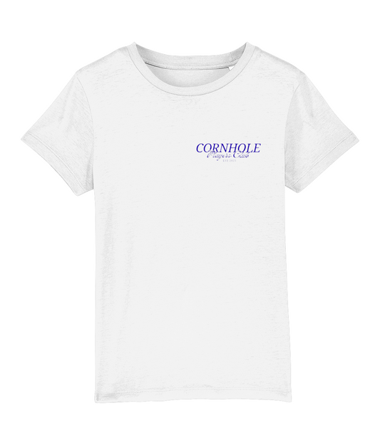 Youths Unisex Premium White T-Shirt  Cornhole Apparel- CPC Classic (Logo Blue) Front Side